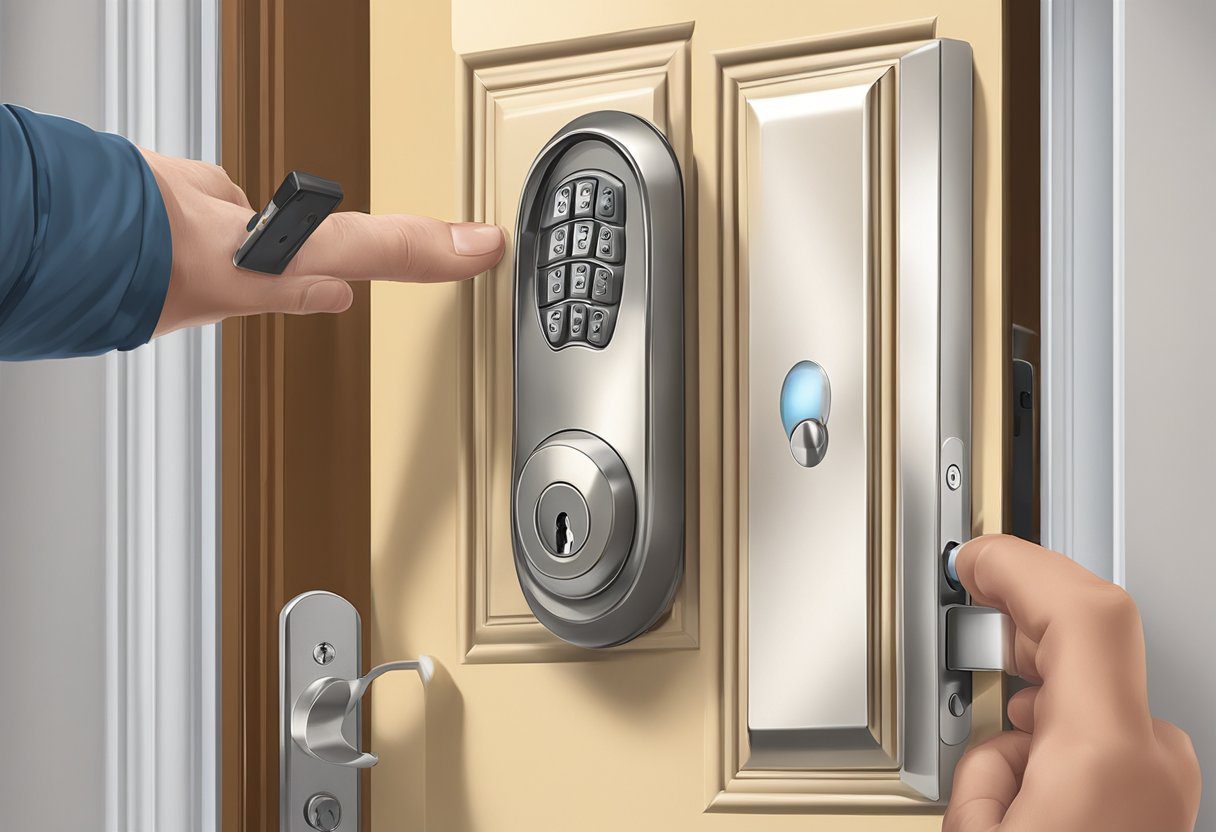 A locksmith installs a smart lock on a residential door in Milton, FL