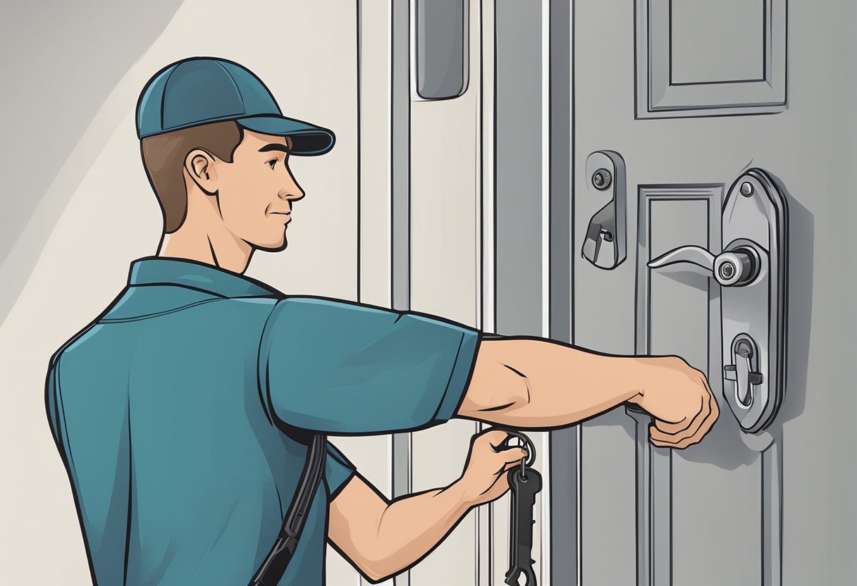 A locksmith in Milton, FL unlocks a residential door with a key and a professional toolkit