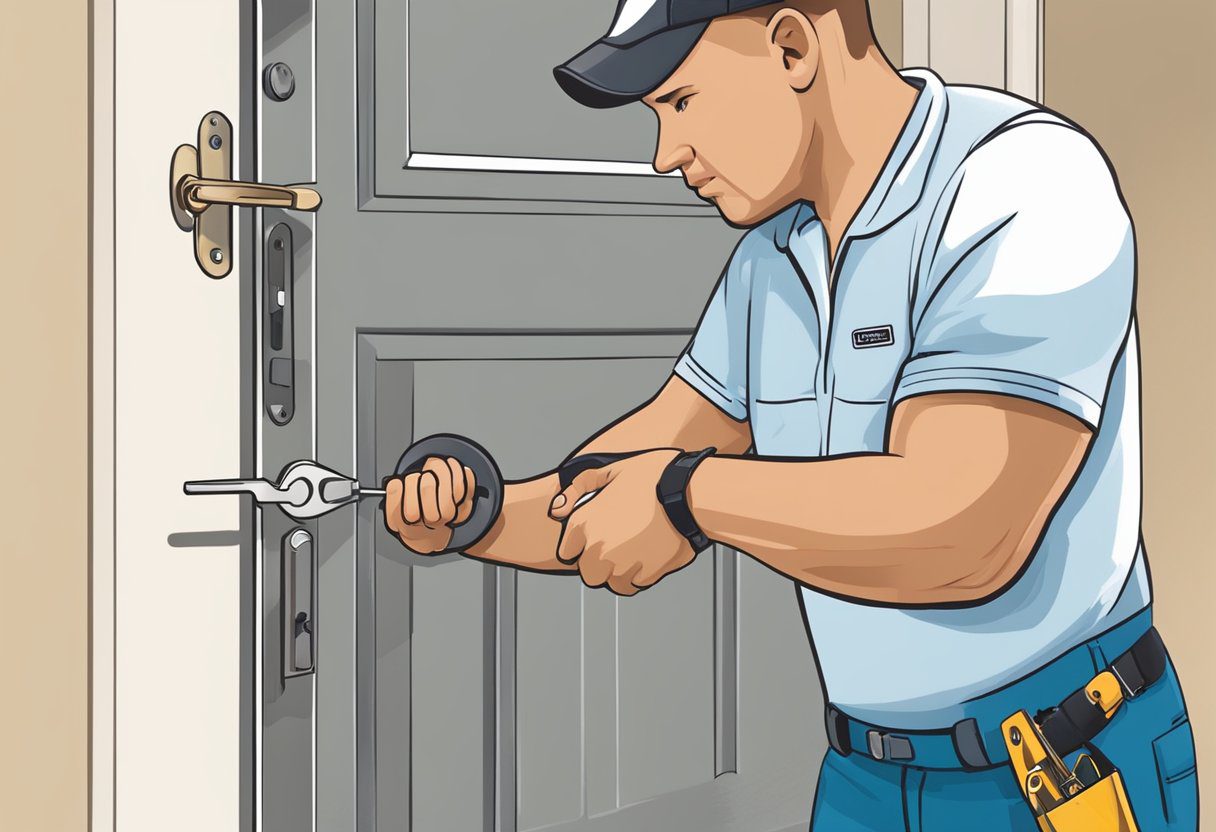 A locksmith swiftly unlocks a residential door in Milton, FL. Tools and equipment are scattered around the scene