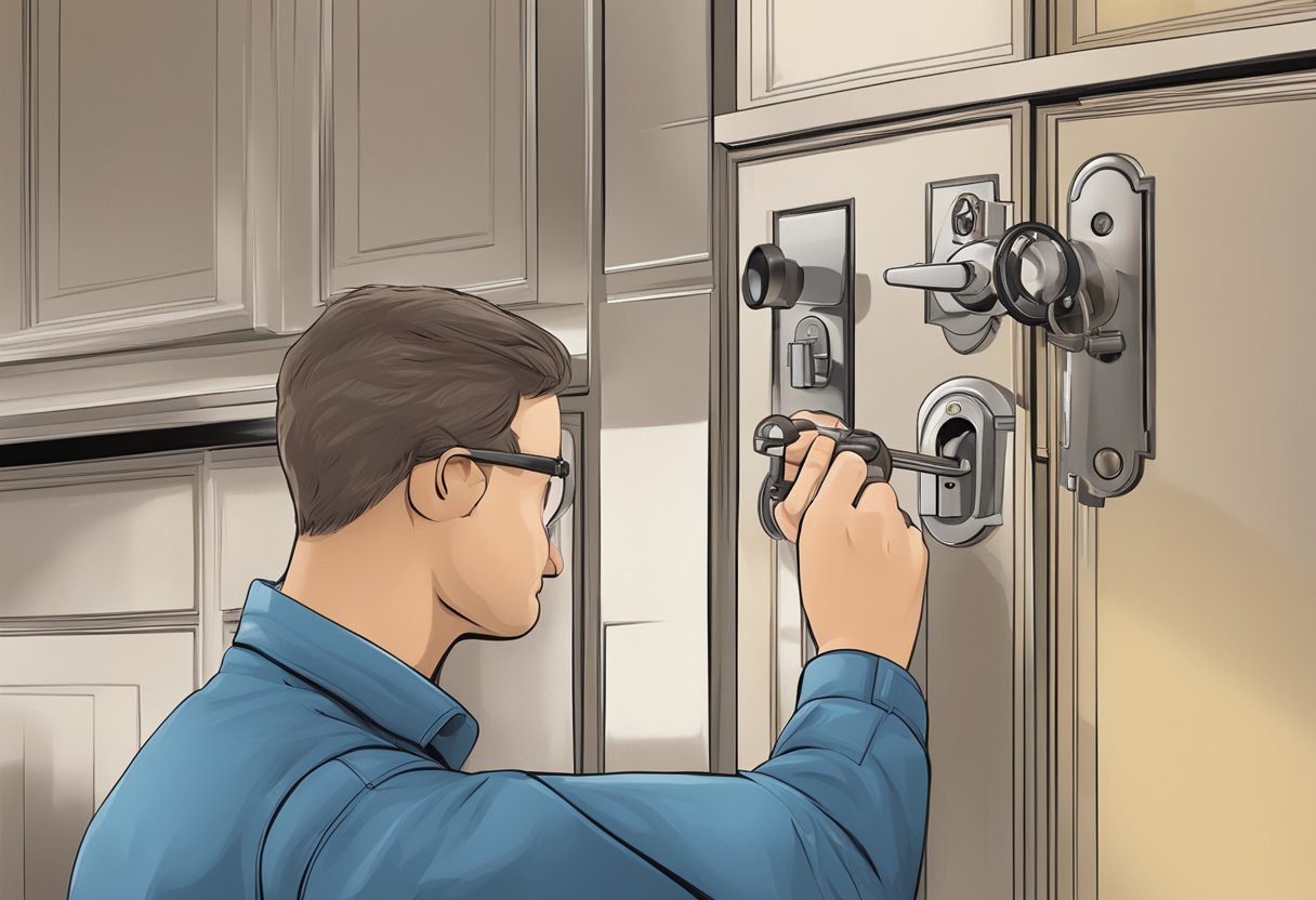 A locksmith carefully disassembles and cleans a residential lock, then reassembles and tests it for proper function