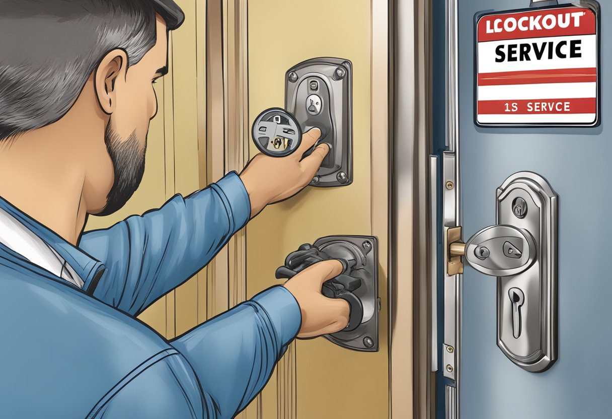 A locksmith using tools to unlock a door with a "Lockout Service in Milton, FL" sign displayed