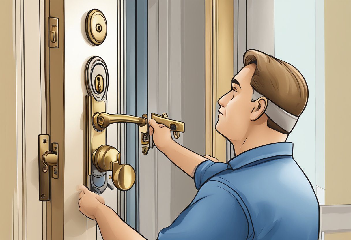 A locksmith installs new locks on a residential door in Milton, FL