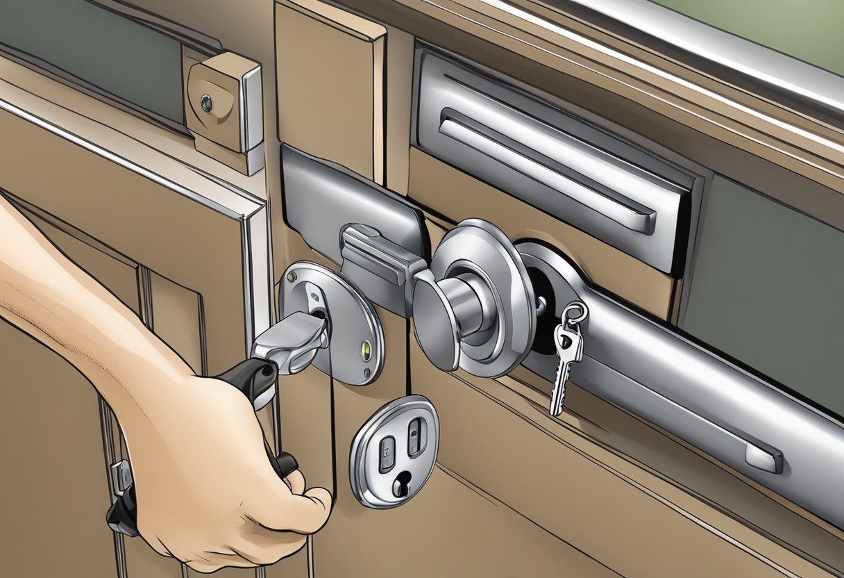 A locksmith rekeys a residential lock in Milton, FL