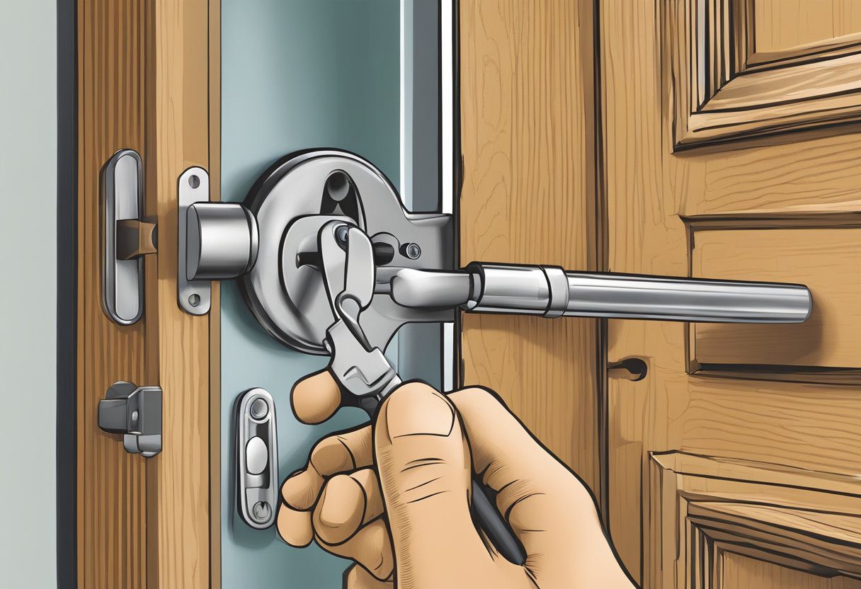 A locksmith uses tools to extract a broken key from a residential door lock in Milton, FL