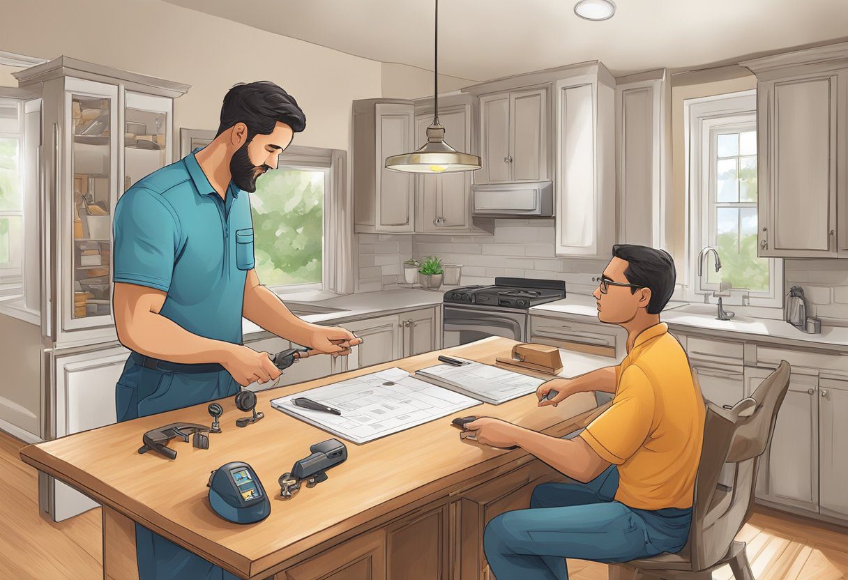 A locksmith consults with a homeowner, discussing home security options. Tools and locks are displayed on a table. The homeowner points to a door, indicating the area of concern