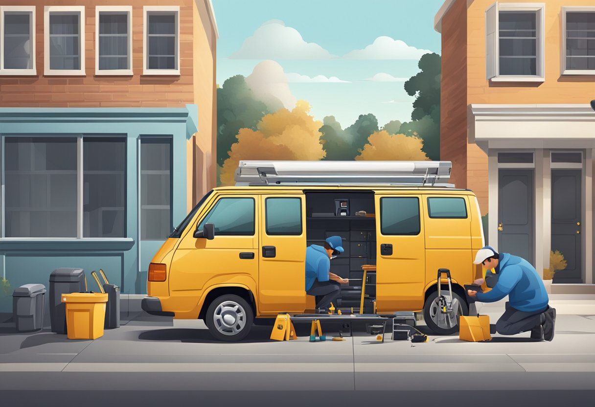 A locksmith van parked outside a car, with tools and equipment spread out on the ground. The locksmith is working on the car's lock