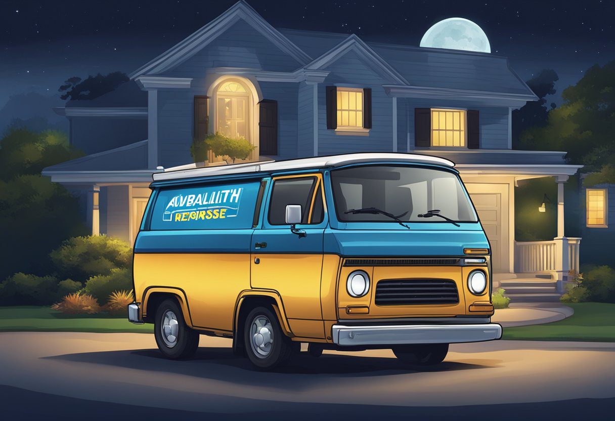 A locksmith van parked outside a house at night, with a glowing sign advertising "Availability and Response Time Mobile Locksmith in Milton, FL" on the side