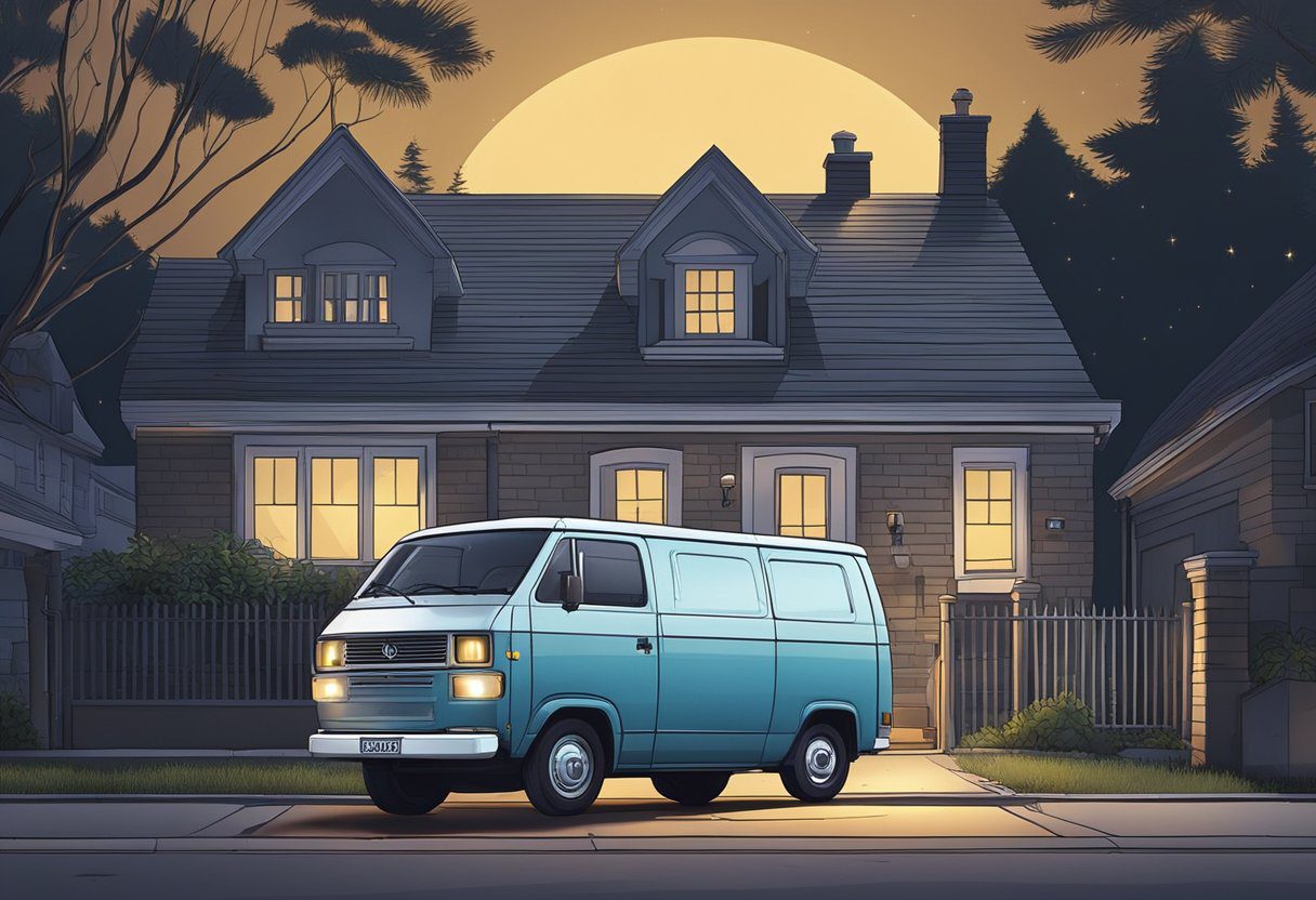 A locksmith's van parked outside a residential home at night, with the front door standing open and the locksmith's tools scattered on the ground