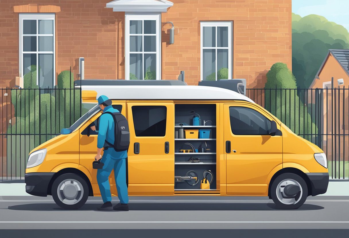 A mobile locksmith van parked outside a residential home, with tools and equipment visible through the open rear doors. The locksmith is working on a door lock, with a sense of urgency and focus