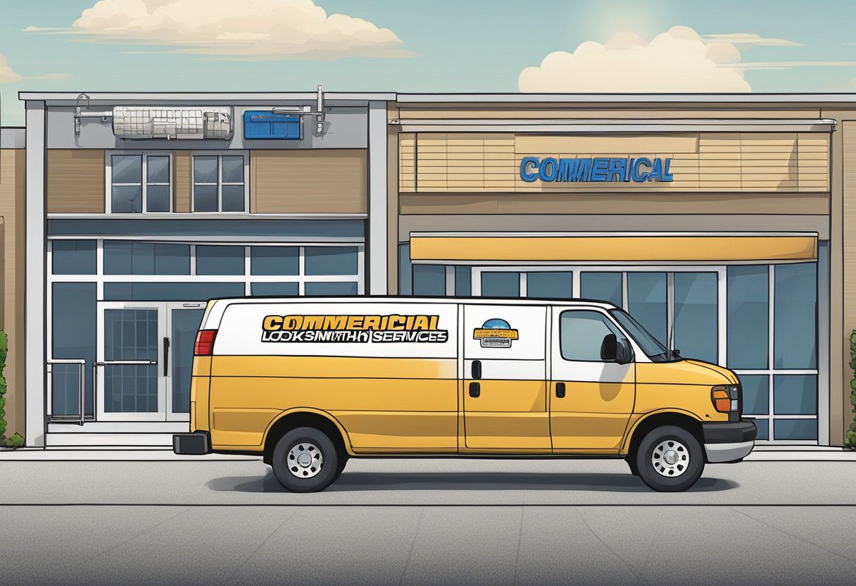 A locksmith van parked in front of a commercial building, with tools and equipment visible through the windows. The van is labeled "Commercial Locksmith Services - Mobile Locksmith in Milton, FL."