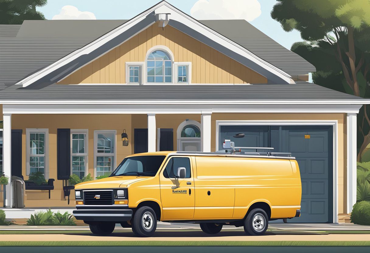 A mobile locksmith in Milton, FL offers pricing and payment options. The locksmith van is parked in front of a residential home, with the locksmith's tools and equipment visible through the open side door