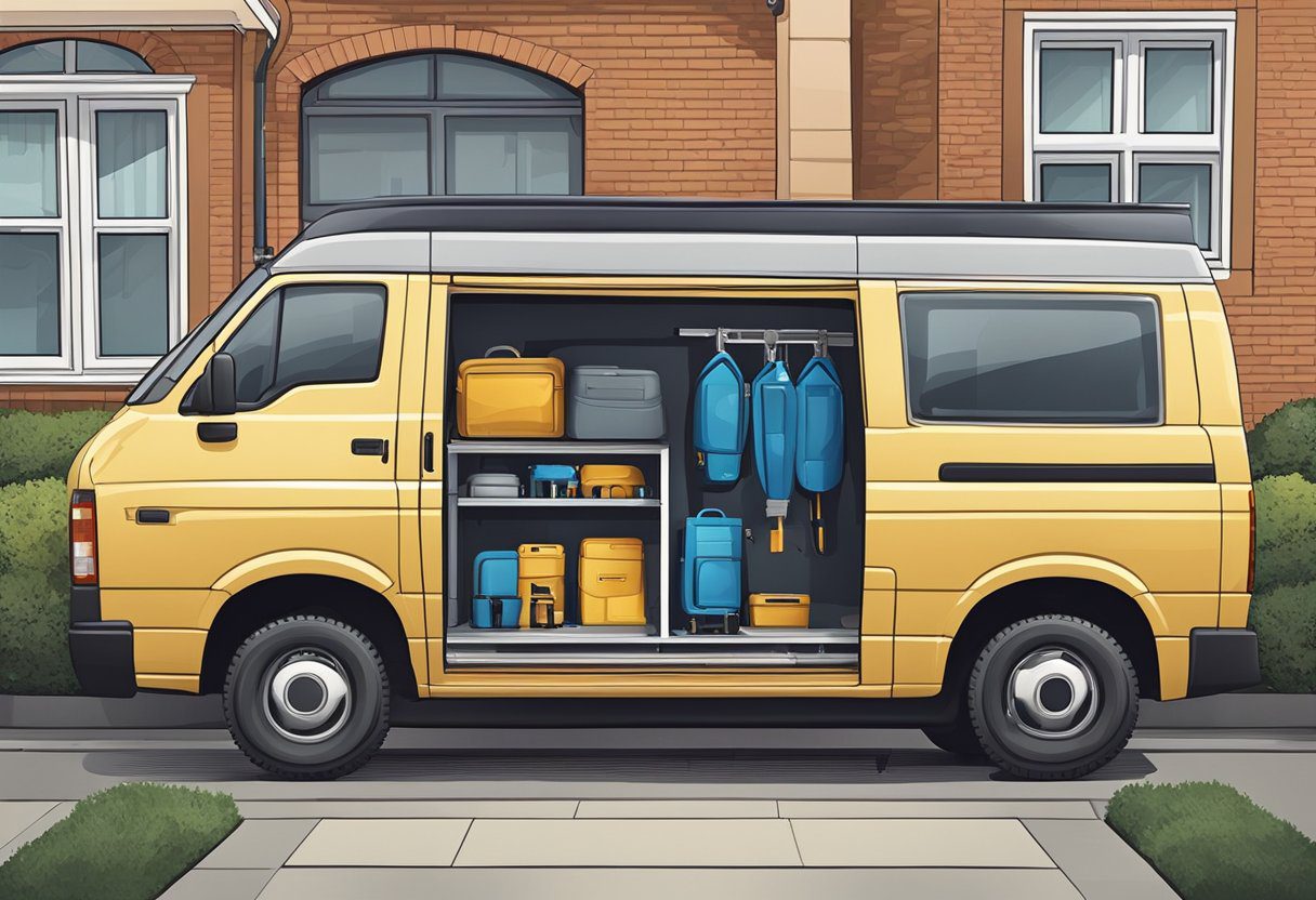 A mobile locksmith van parked outside a residential home, with the locksmith's tools and equipment visible through the open rear doors