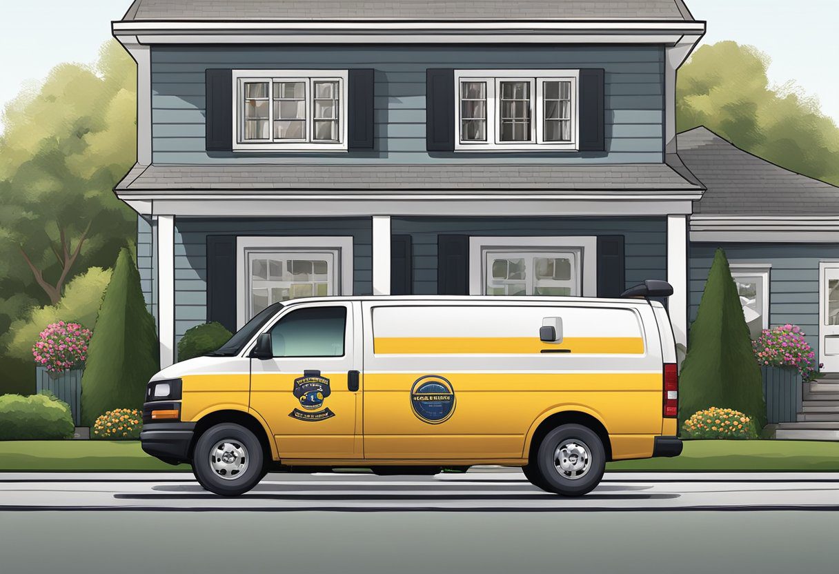 A locksmith van parked in front of a residential home, with the locksmith's logo prominently displayed. Tools and equipment are visible through the van's windows, conveying professionalism and trustworthiness