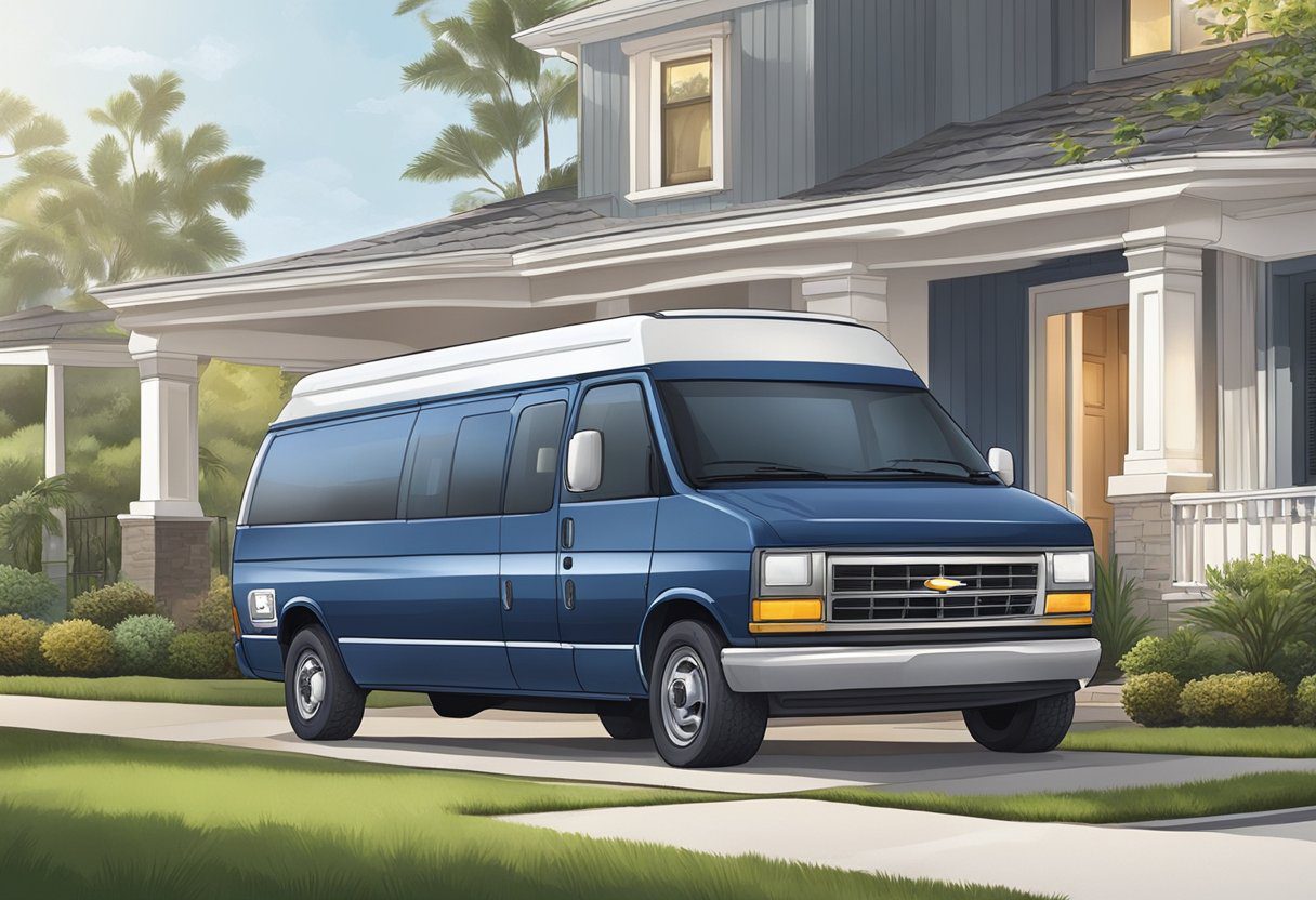 A locksmith van parked outside a residential home in Milton, FL. The locksmith is installing a high-security lock on the front door