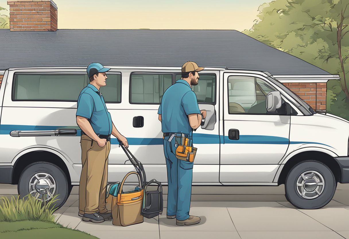 A locksmith van parked outside a suburban home, with the technician holding a toolkit and discussing safety tips with the homeowner